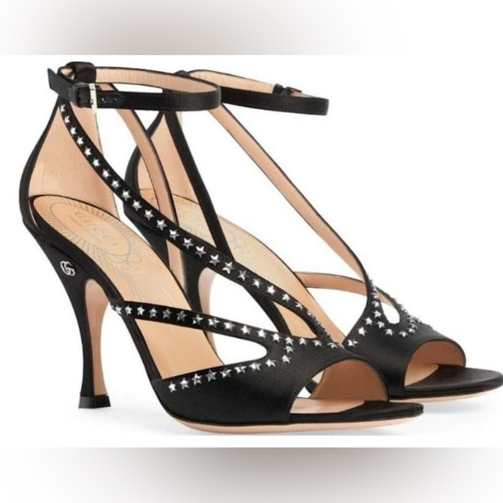 Gucci Black Satin Heels with Star Accents